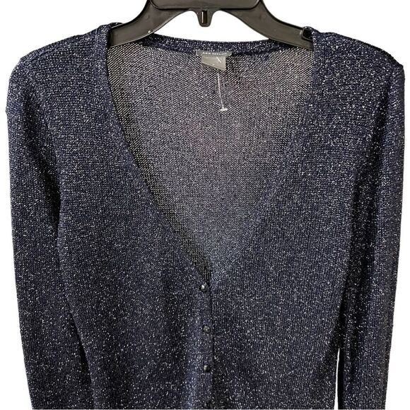 Ann Taylor holiday navy blue metallic threaded cardigan sweater women’s Small - Picture 2 of 11